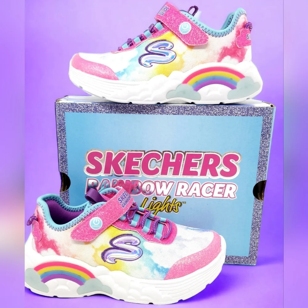 Light Up Shoes Rainbow, Slip-On, No Tie, Size 2 Girls, New, NIB, Skechers